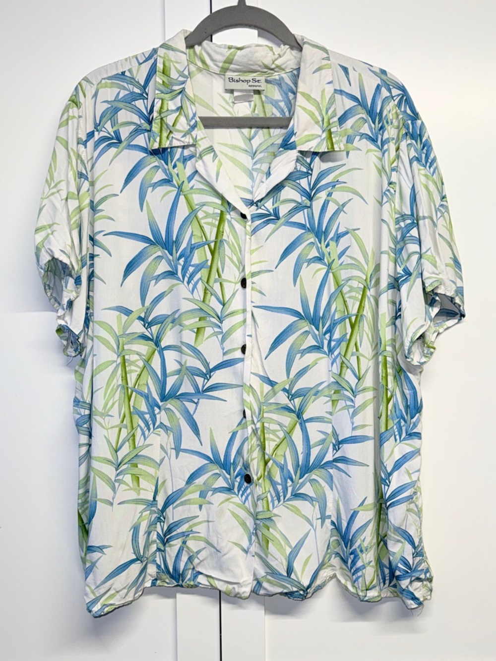 Vintage Tropic Leaf Print Button-Down Shirt - Blue & Green